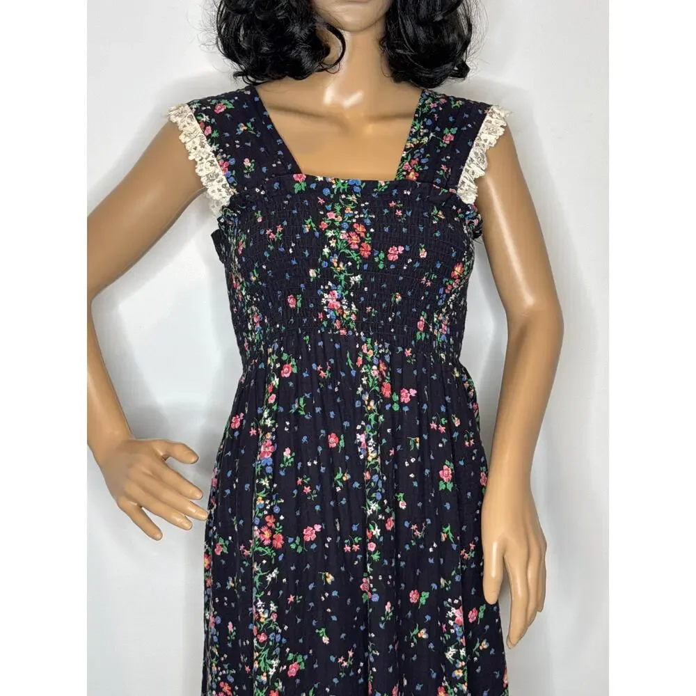 Vintage 70s The Fig Leaf Floral Smocked Cottagecore Prairie Midi Cotton Dress XS